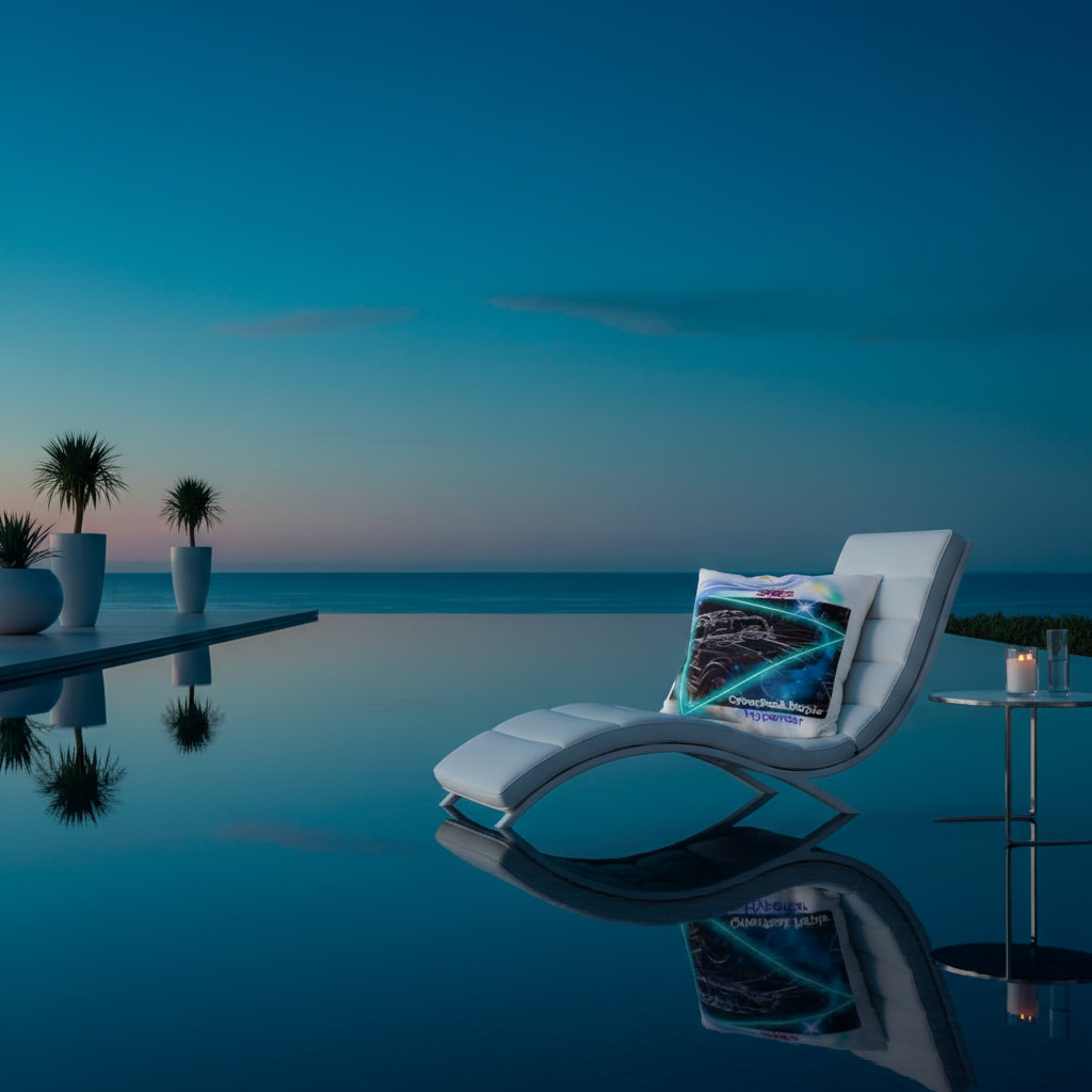  A stylish Instagram photo shows the pillow on a minimalist modern lounge chair by an infinity pool at twilight. The reflection of the neon purple car design is visible in the water. The composition is clean, sophisticated, and highly shareable, using a cool color grading.