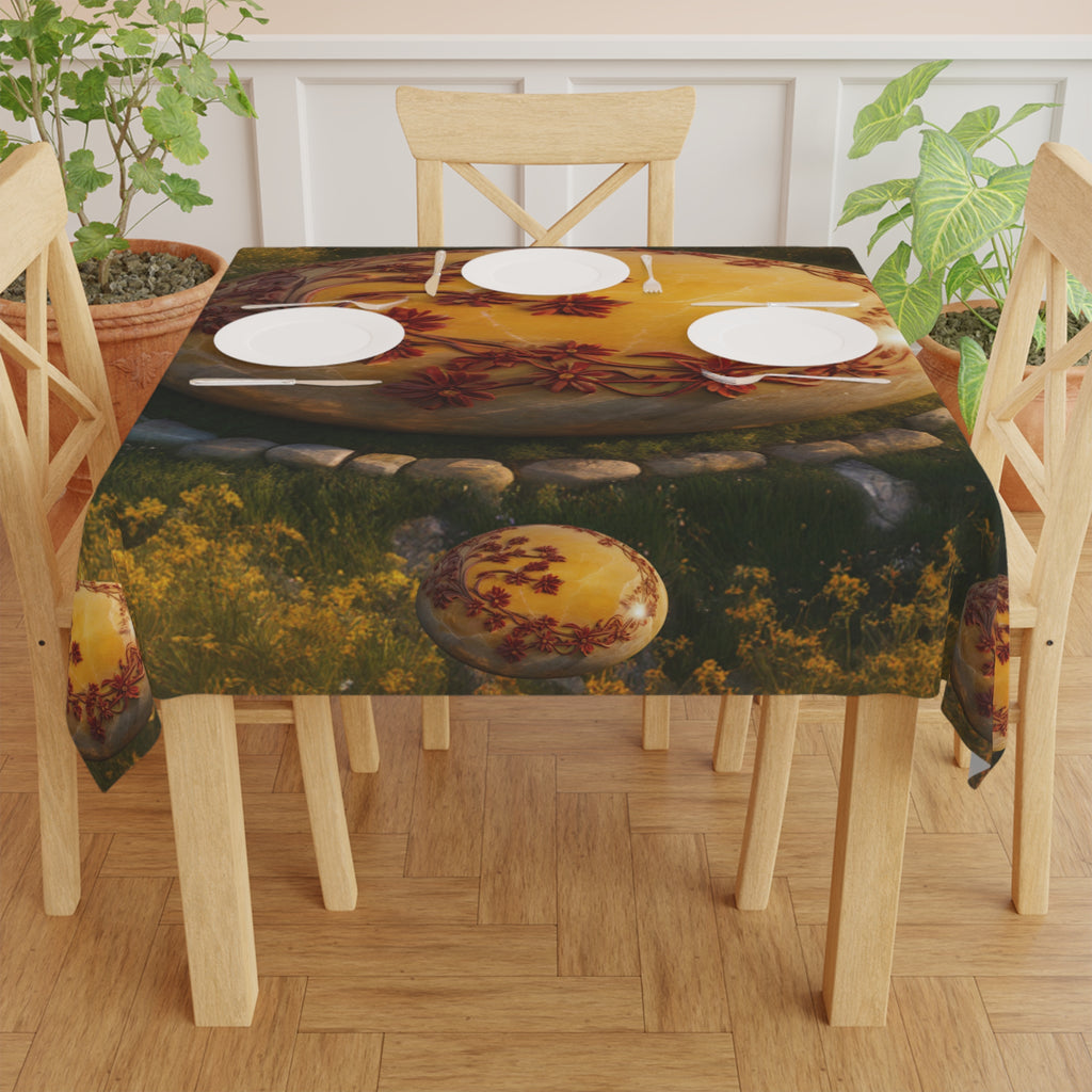 Golden Floral Stone Tablecloth — Botanical Medallion Decorative Table Cover
