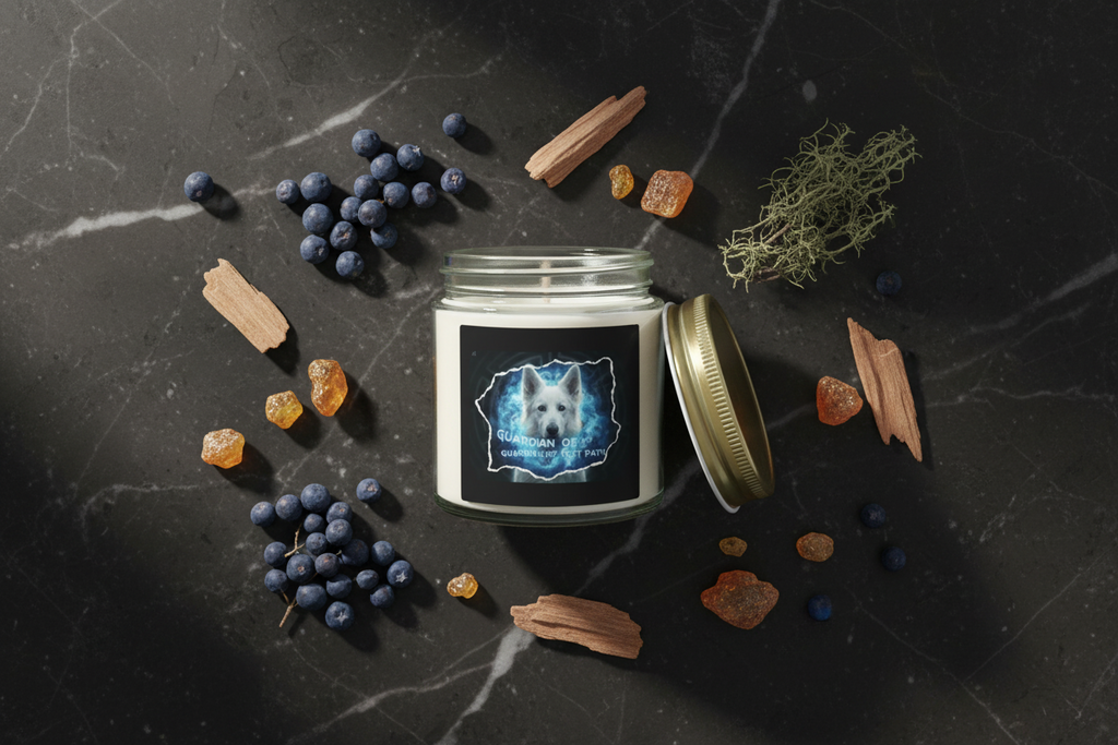 An elegant flat lay composition on a dark honed marble surface. The candle vessel is center-stage, surrounded by artfully scattered elements representing its scent profile: dried juniper berries, cedarwood chips, a sprig of oakmoss, and pieces of amber resin. Soft, natural side-lighting highlights textures.