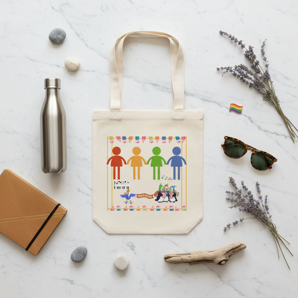 An aesthetically pleasing flat lay composition on a white marble countertop. The Pride tote bag is central, surrounded by curated items like a premium reusable water bottle, a leather-bound notebook, designer sunglasses, and a small enamel rainbow flag pin. 