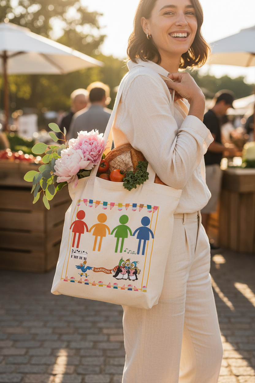 A candid, sun-drenched photograph of a stylish individual carrying the 'Pride Rainbow People Organic Canvas Tote Bag' over their shoulder at an upscale outdoor farmers' market. The bag is full of fresh flowers, artisanal bread, and organic produce.