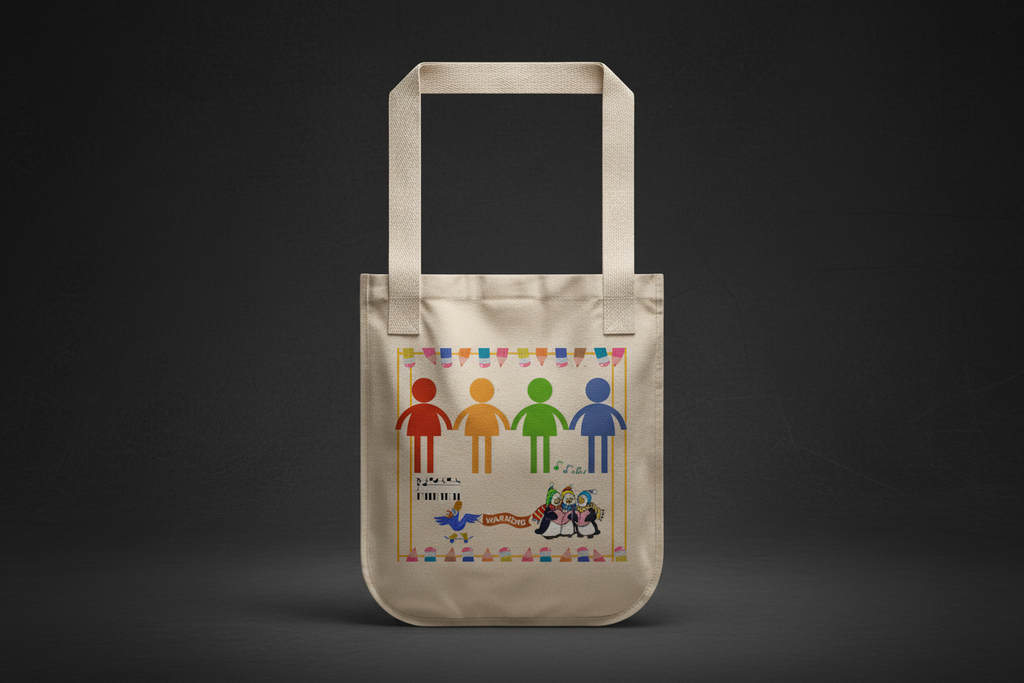 Dramatic Product Shot:** A close-up studio shot of the tote bag against a deep charcoal, textured background. Soft, focused cinematic lighting highlights the heavy texture of the organic canvas fabric and the rich, vibrant colors of the rainbow people illustration. 