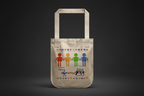 Dramatic Product Shot:** A close-up studio shot of the tote bag against a deep charcoal, textured background. Soft, focused cinematic lighting highlights the heavy texture of the organic canvas fabric and the rich, vibrant colors of the rainbow people illustration. 