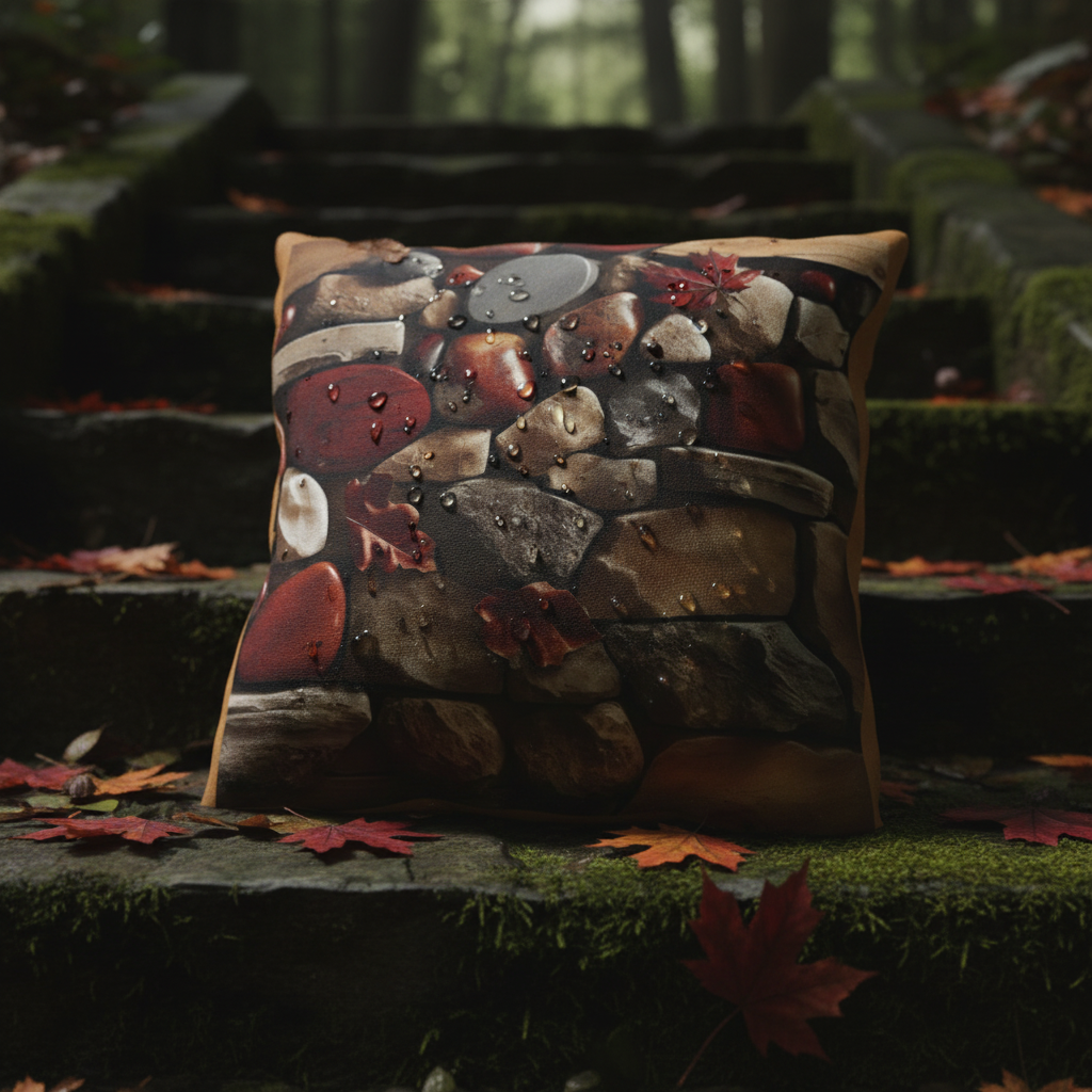 A dramatic, cinematic close-up of the 'Autumn Stone Path Outdoor Pillow'. It is resting on mossy stone steps covered in scattered real fallen leaves. Water droplets from a recent rain bead on the weather-resistant fabric. Deep shadows and dramatic side-lighting highlight the rustic texture and rich autumn colors. 