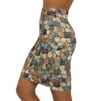 Stone Mosaic Pencil Skirt — Earth Tone Pebble Print Mid-Waist Skirt