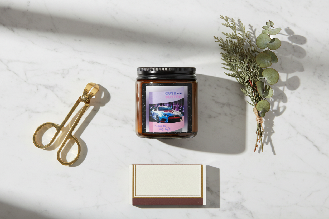  A photorealistic, curated flat lay on a white marble countertop. 