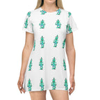Robot Pattern T-Shirt Dress — Retro Teal Bot All-Over Print