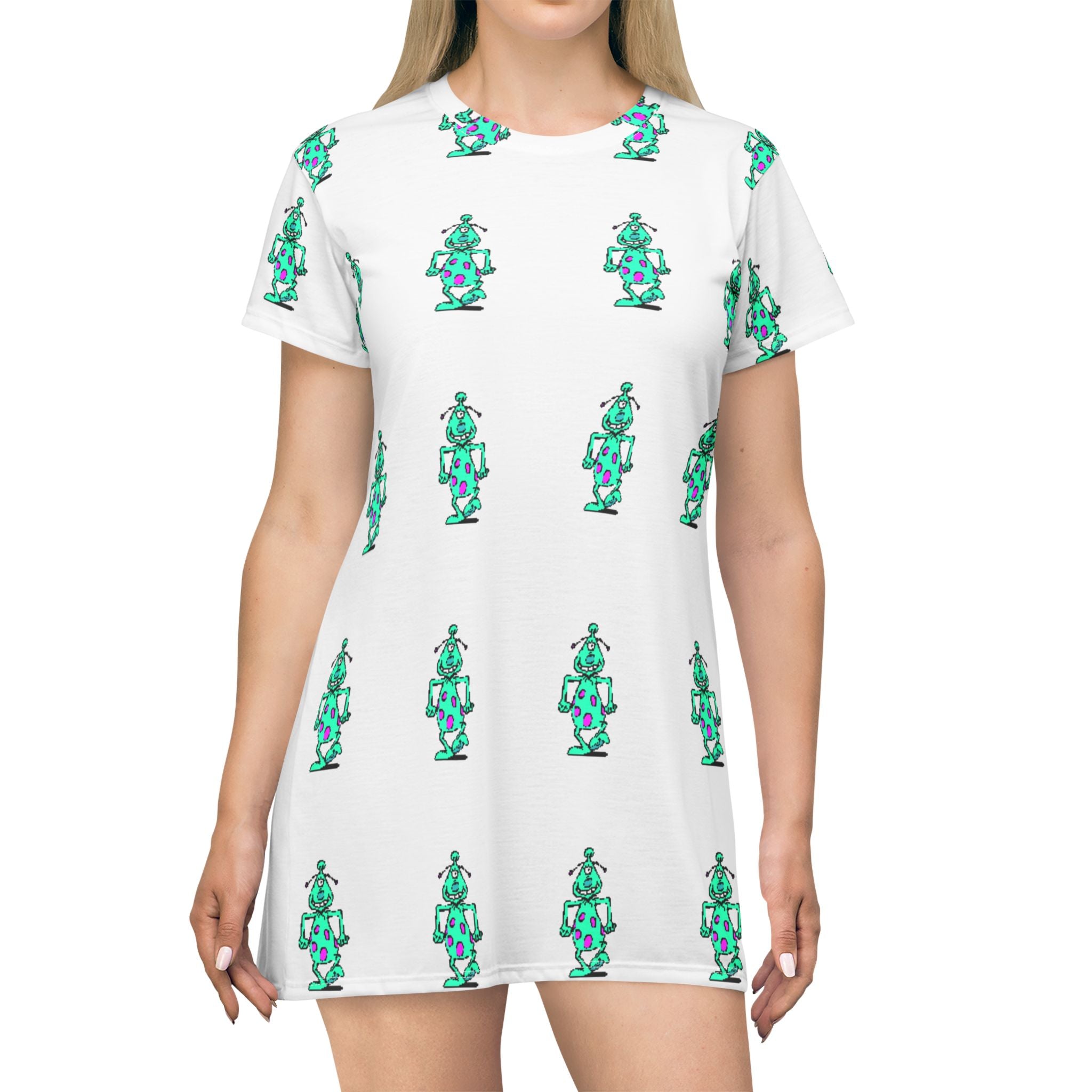 Robot Pattern T-Shirt Dress — Retro Teal Bot All-Over Print