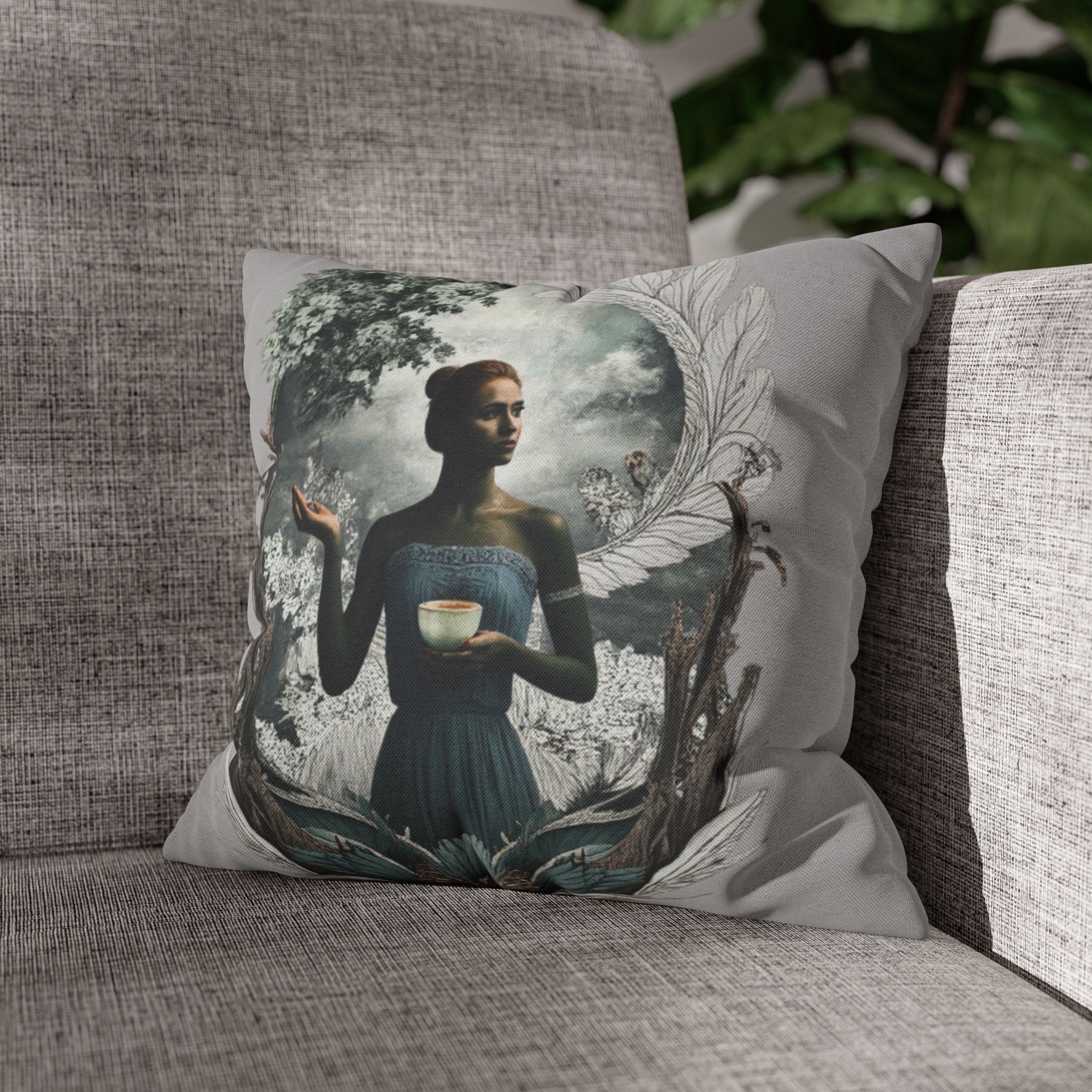 Surreal Woman Holding Teacup Decorative Pillow