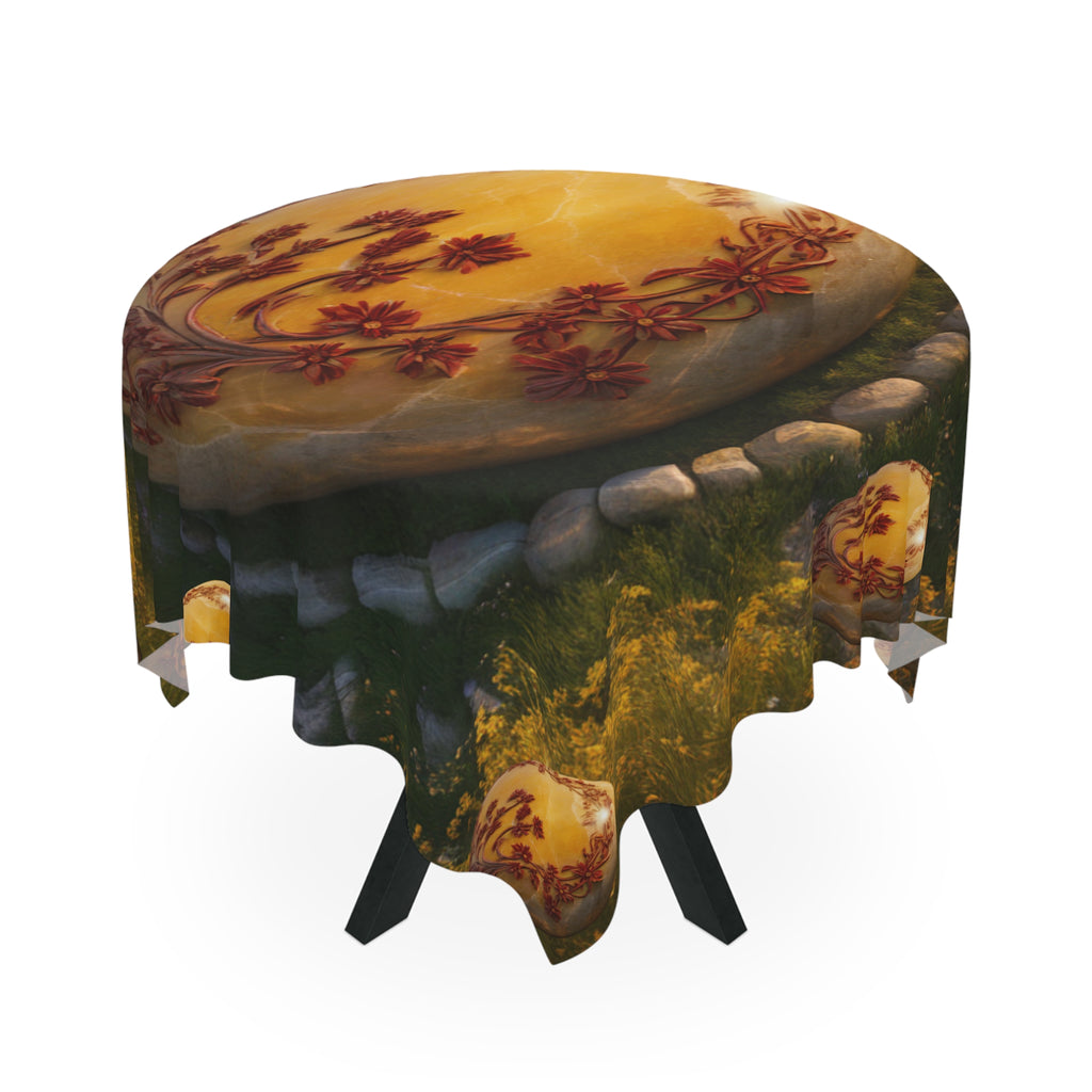 Golden Floral Stone Tablecloth — Botanical Medallion Decorative Table Cover