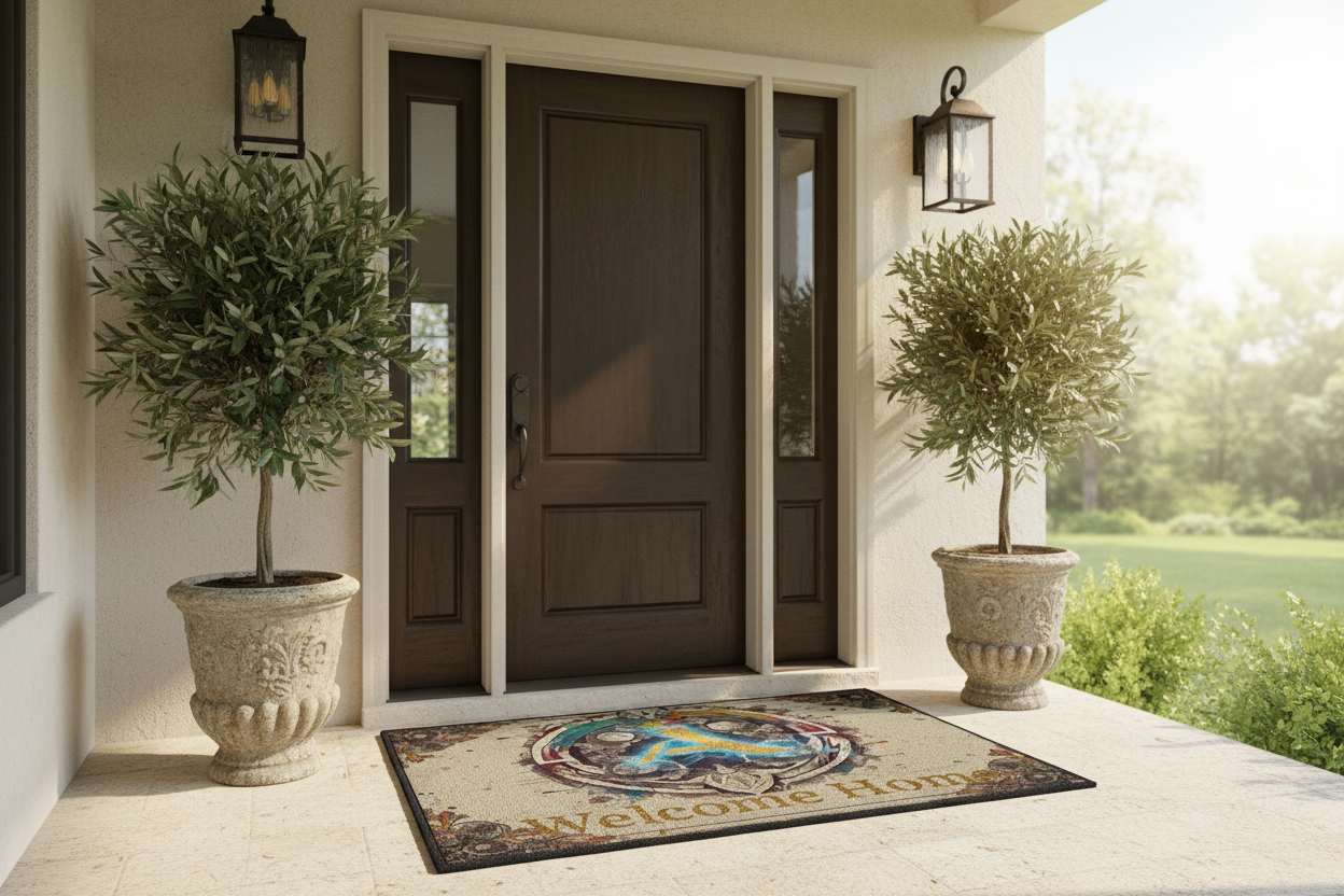 
A high-resolution photograph of a grand, sunlit front porch of a luxury suburban home. The 'Welcome Home' heavy-duty mat is perfectly placed before a large, dark wood front door flanked by stone planters containing manicured olive trees and architectural lanterns. The texture of the thick coir and heavy rubber backing is palpable. The lighting is natural and warm.