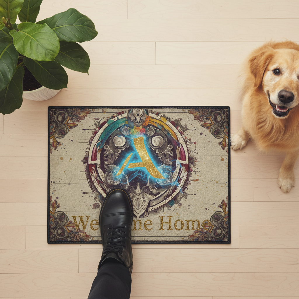 Social Media

An aesthetically pleasing Instagram flat lay looking down at designer leather boots stepping onto the clean 'Welcome Home' mat. A golden retriever sits patiently beside it, and a potted fiddle leaf fig plant is in the corner. Warm, inviting filter applied. Photorealistic quality.