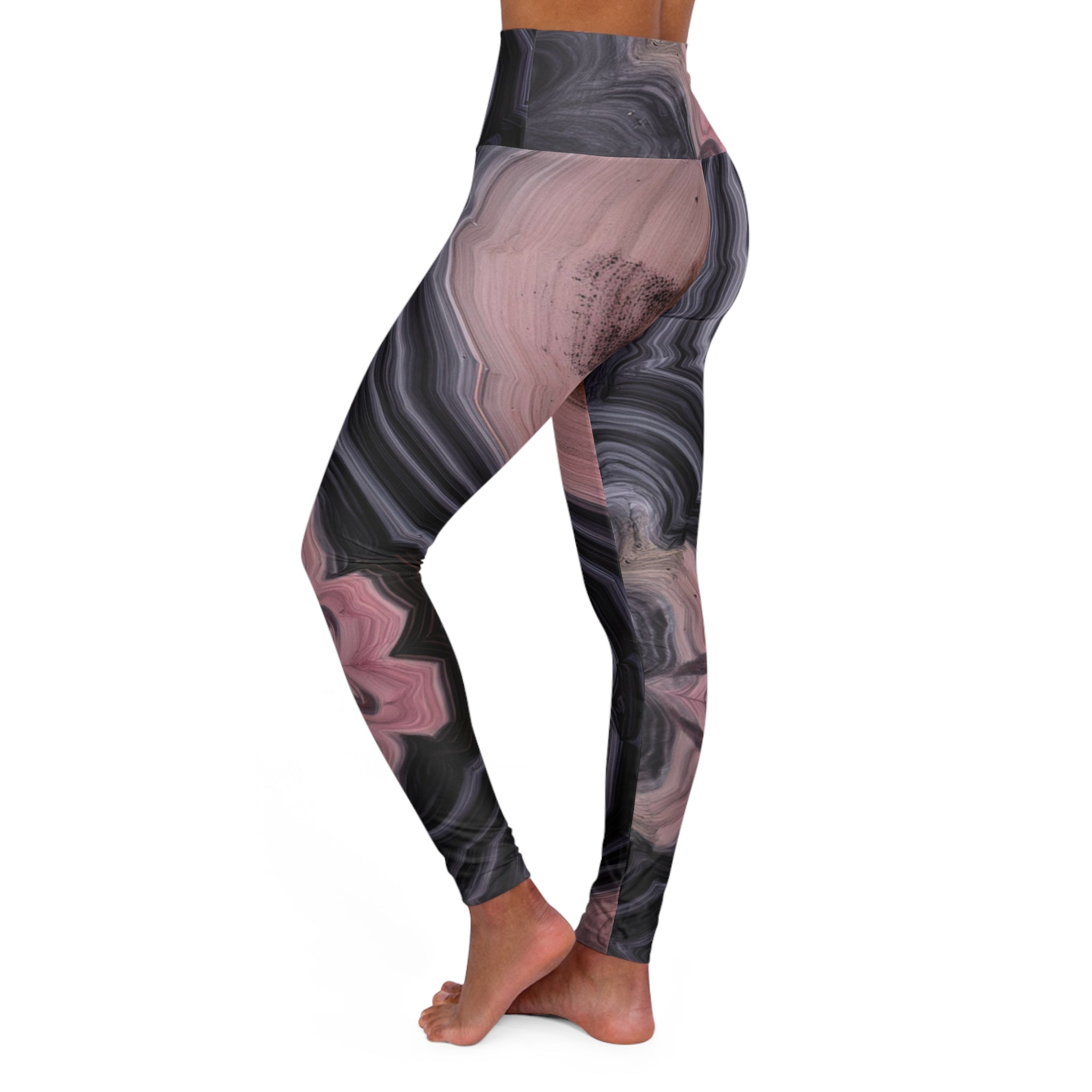 Marble Swirl High-Waist Yoga Leggings — Pink & Charcoal Allover Print