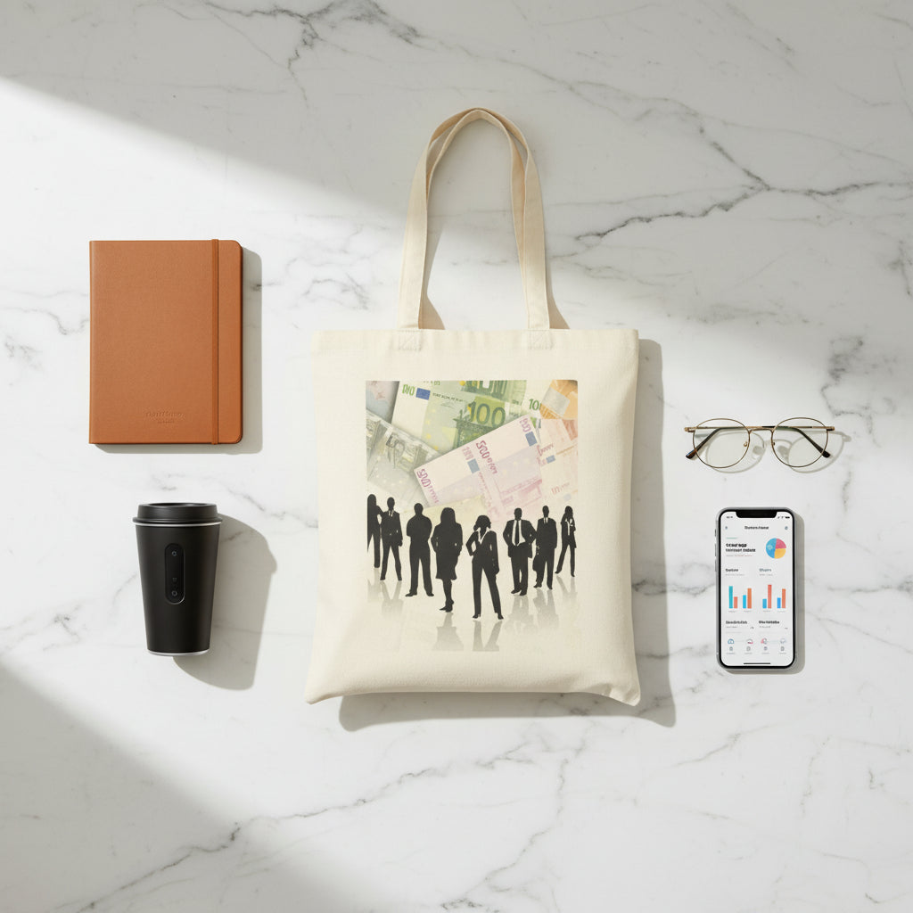  A curated flat lay on a white marble countertop. The tote bag is central, surrounded by premium business essentials: a leather-bound notebook, a smart coffee cup, stylish reading glasses, and a minimalist smartphone showing a productivity app. Natural, soft light from a window.