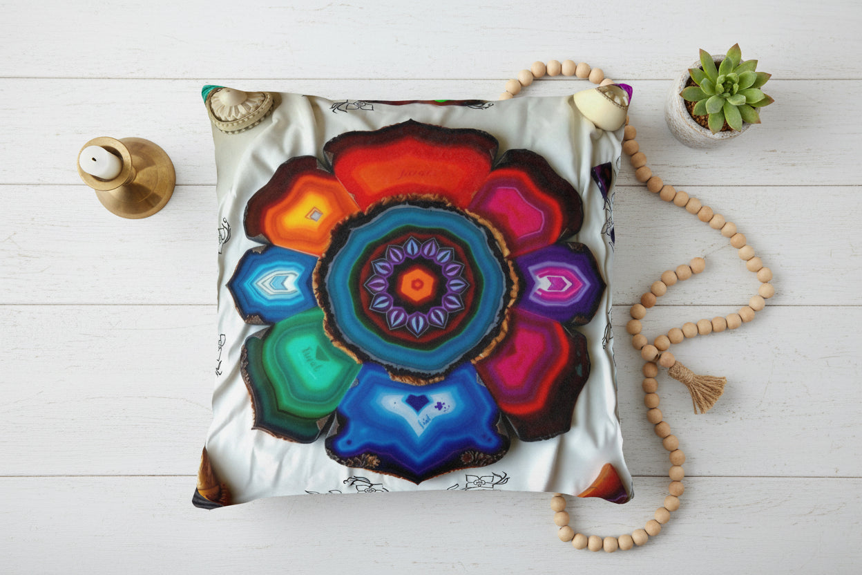 An overhead flat lay shot on a whitewashed wooden surface. The mandala cushion is nestled among curated boho-chic items: a brass candle holder, a small succulent in a terracotta pot, and a strand of natural wooden beads. The lighting is bright and even. The image feels curated and aspirational.

