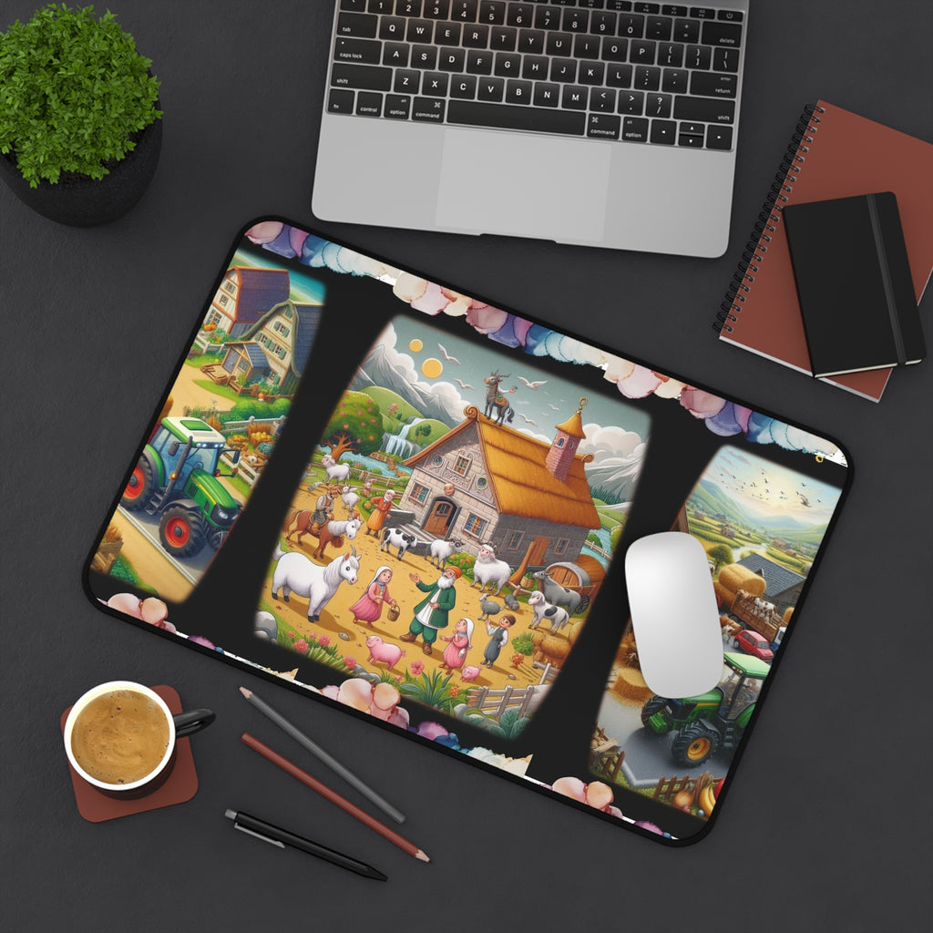 Farmhouse Alphabet 'M' Desk Mat — Country Barnyard Mousepad with Tractors & Animals