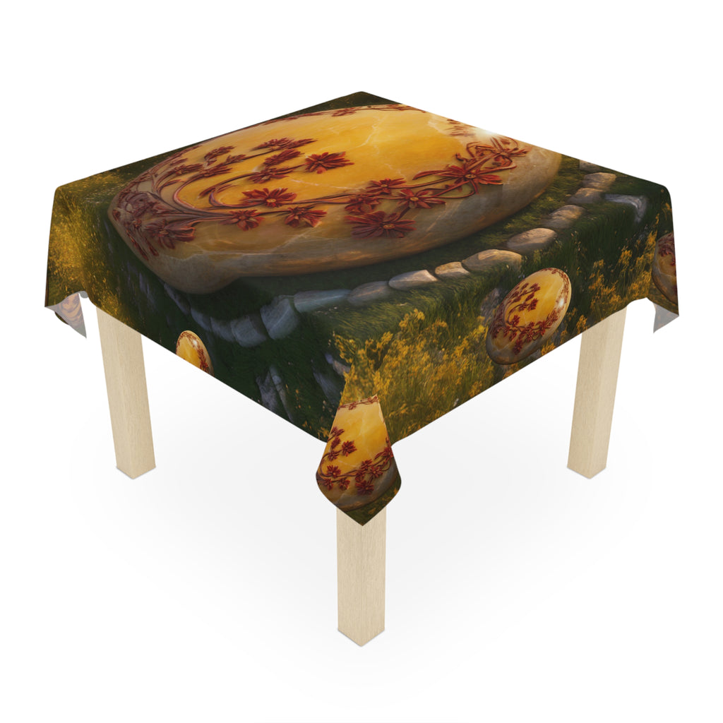 Golden Floral Stone Tablecloth — Botanical Medallion Decorative Table Cover