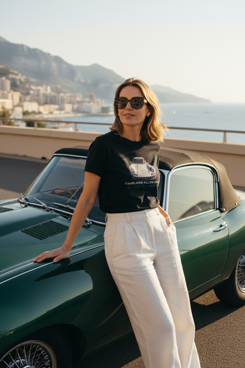  A photorealistic candid shot of a sophisticated woman in her late 30s, wearing the "Timeless Allegiance" tee tucked into high-waisted linen trousers. She is leaning casually against a perfectly restored vintage 1960s Jaguar E-Type convertible, parked on a sun-drenched coastal road in Monaco. Her sunglasses are on, wind blowing slightly through her hair, exuding relaxed luxury. Film grain texture. 