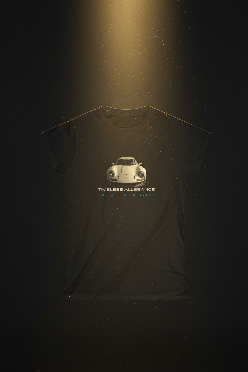  A high-contrast, cinematic studio shot of the "Timeless Allegiance" tee suspended against a dark, moody background. A beam of golden light highlights the central vintage sports car graphic, making the colors pop. Subtle smoke or dust motes dance in the light ray, emphasizing the "classic" theme. The fabric texture looks exceptionally soft and premium. 