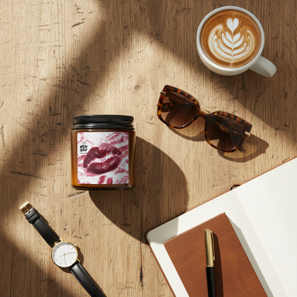  A high-quality influencer-style flat lay on an aged, reclaimed oak table. The "Destiny in Time" tank top is neatly folded next to a pair of designer tortoiseshell sunglasses, a leather-bound journal with a fountain pen, and a minimalist gold watch. A ceramic cup of artisanal coffee sits nearby. Natural daylight streams in from a window to the left. The aesthetic is clean, expensive, and curated.
 
