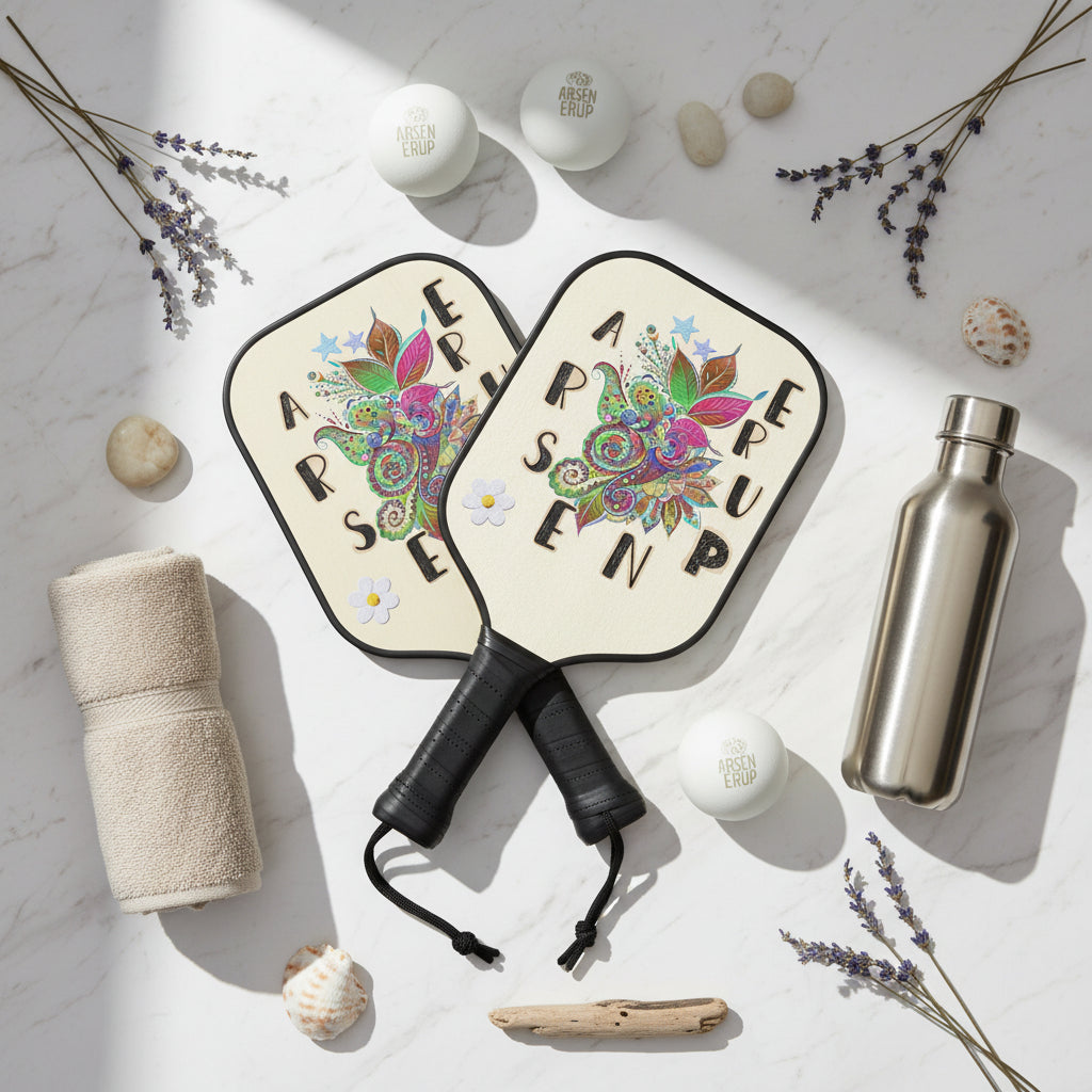 An overhead flat lay shot on a polished white marble surface. The two Floral Serpent paddles are arranged artistically crossing each other, surrounded by four branded pickleballs, a rolled-up luxury performance towel in a neutral tone, and a premium stainless steel water bottle. 