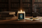 A photorealistic image of "The Scholar's Glow" burning on an antique wooden desk. Surrounded by old leather-bound books, a vintage fountain pen, crumpled parchment, and a steaming cup of tea. Soft, warm light emanating from the flame, casting long shadows. The setting is a classic, dark academia style library.