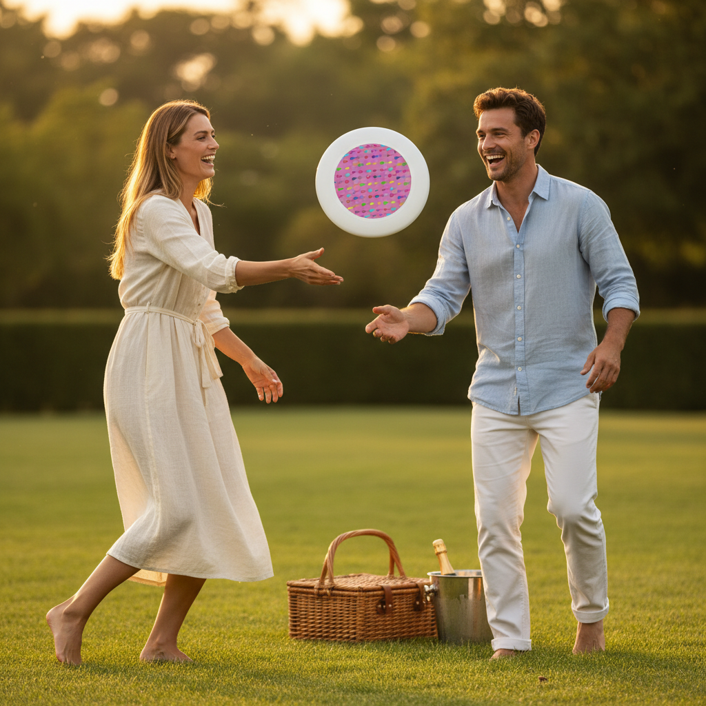 Lifestyle Prompt:** A golden hour photograph of an affluent couple in linen clothing laughing on a perfectly manicured Hamptons lawn, tossing the vibrant flag-patterned Wham-O Frisbee. A vintage picnic basket and champagne cooler are in the soft-focus background. The light is warm, natural, and aspirational.Use the existing uploaded image as the exact product reference.