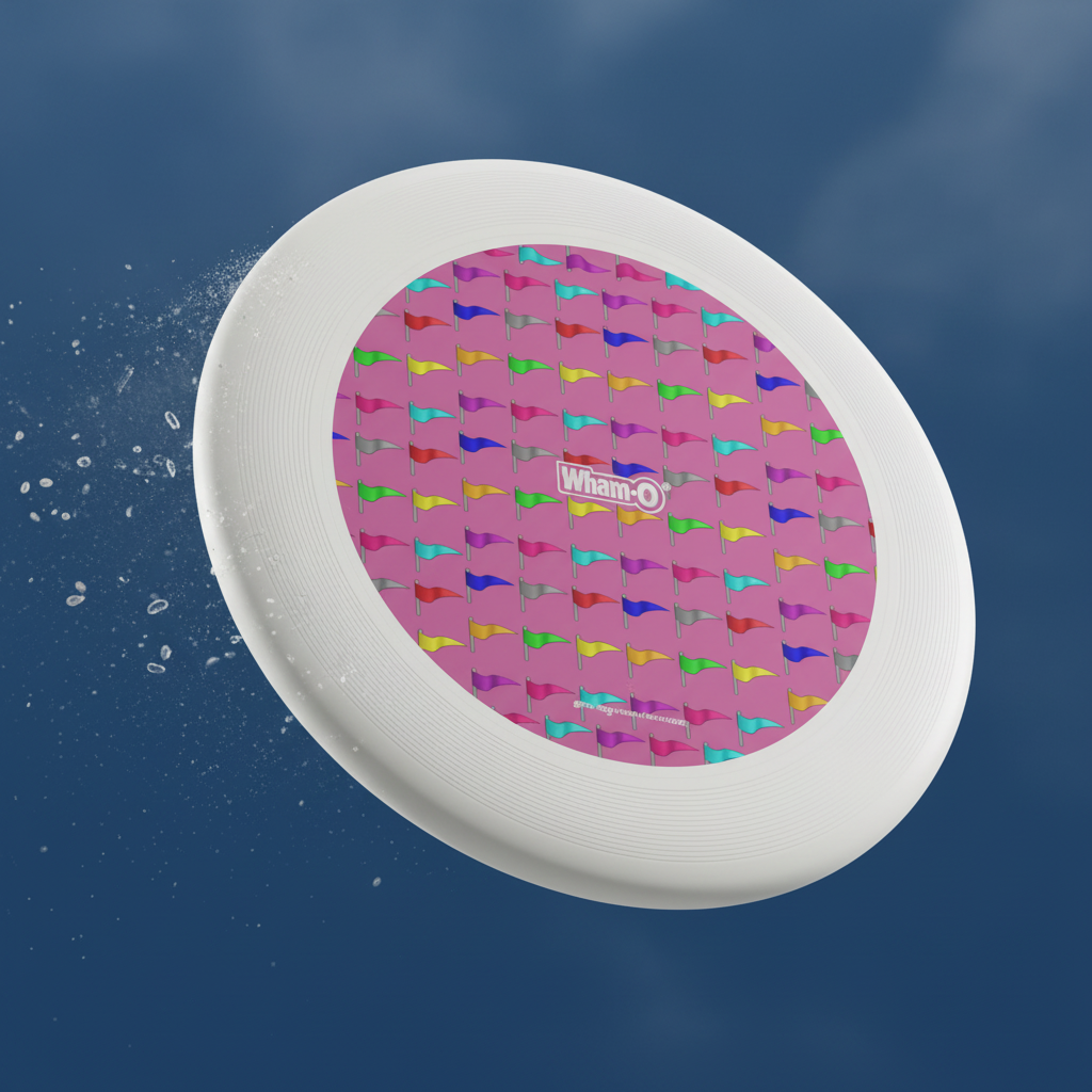 Dramatic Ad Prompt:** A close-up, high-speed cinematic photograph of the flag-patterned Wham-O Frisbee in mid-flight against a deep blue, slightly overcast sky. Water droplets or dust trail slightly behind it, emphasizing motion and dynamic quality. The branding and pattern are sharp and clear.
