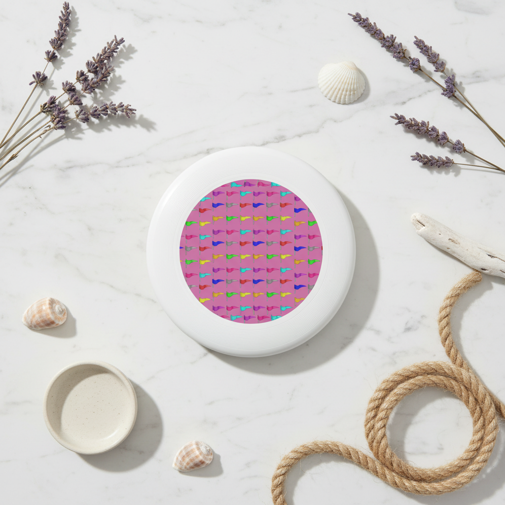 Social Media Prompt:** An aesthetically styled flat lay on a rustic wooden picnic table. The colorful Wham-O Frisbee is the centerpiece, surrounded by curated items: premium sunglasses, a leather-bound journal, gourmet snacks, and a craft beverage in glassware. Natural daylight, Instagram-style composition.
