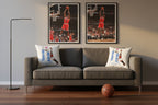 A photorealistic modern sports-themed bedroom. The Premium Basketball Dunk Pillow is placed on a stylish charcoal sofa. The room features framed basketball posters, a hardwood floor, and a basketball resting casually nearby. Warm evening lighting creates a cozy yet energetic atmosphere. 