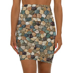 Stone Mosaic Pencil Skirt — Earth Tone Pebble Print Mid-Waist Skirt