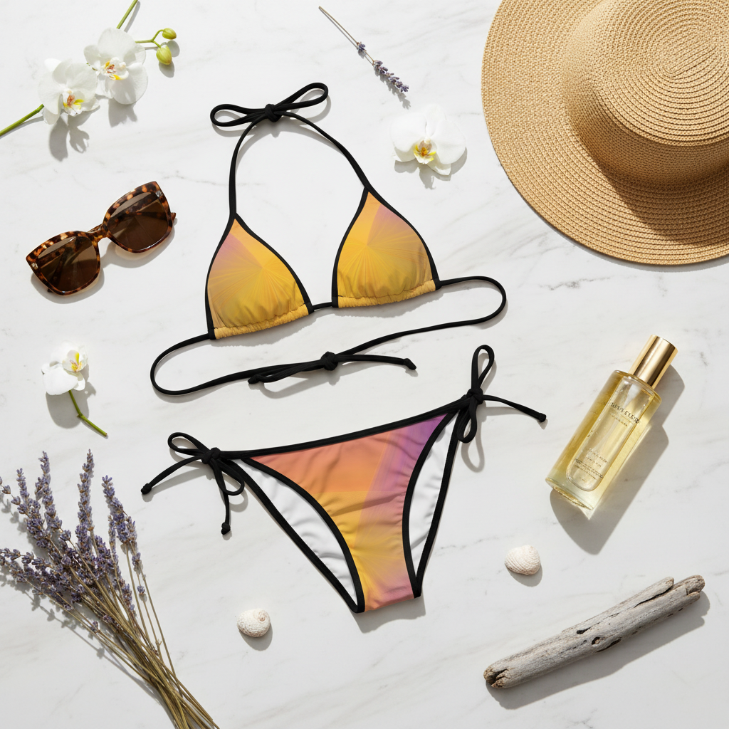 Social Media Prompt: A perfectly styled flat lay on a polished marble surface for Instagram. The sunset gradient bikini is artfully arranged next to oversized designer sunglasses, a wide-brim straw hat, a bottle of high-end tanning oil, and a few white orchids. The lighting is bright, natural daylight. The aesthetic is clean, opulent, and travel-ready.
