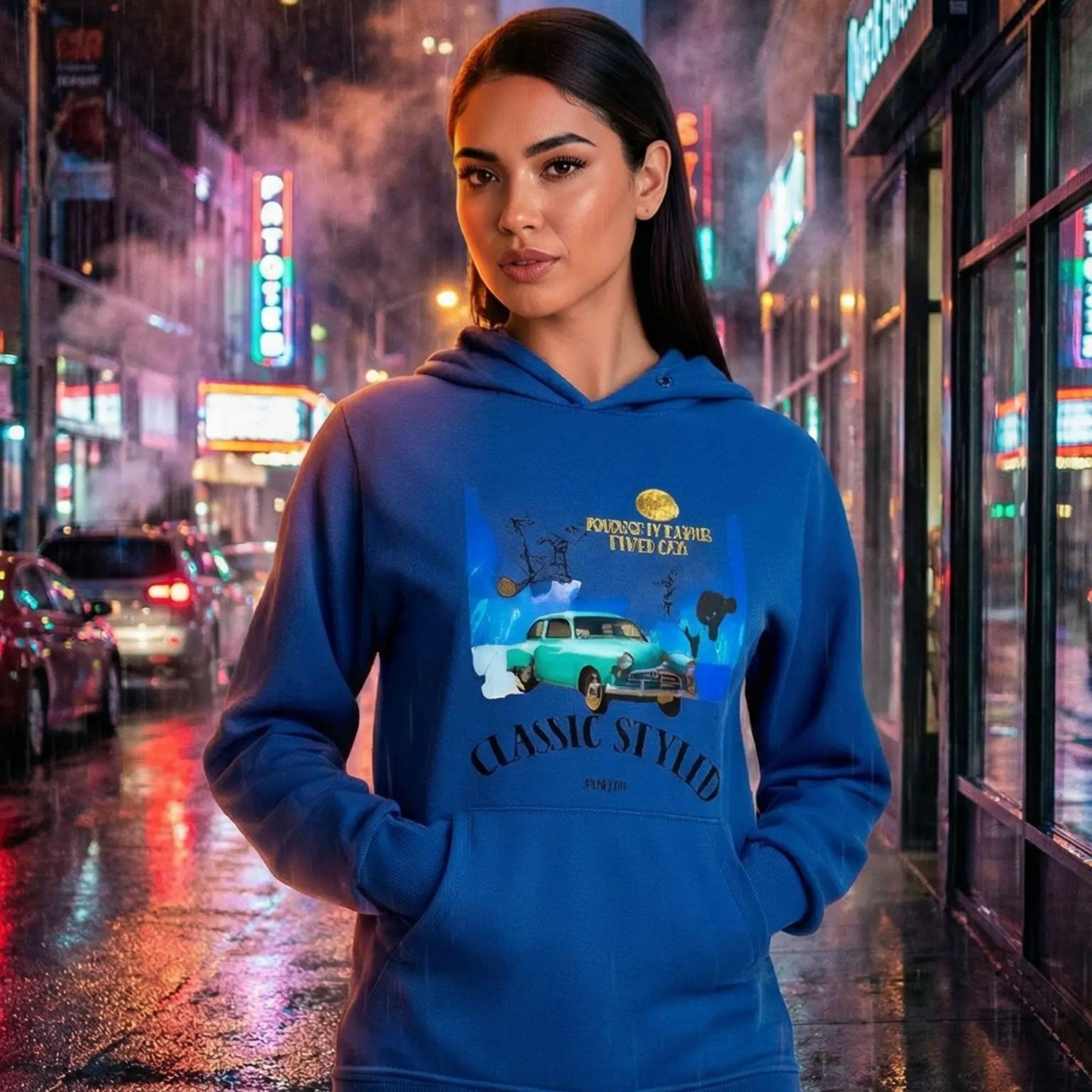 A night portrait of a woman wearing a deep blue hoodie reflecting the city lights.