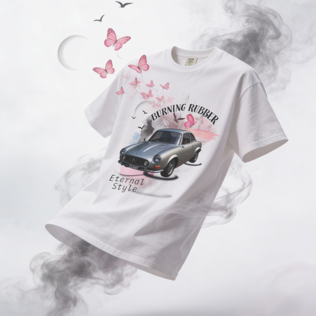 Real pink butterflies and smoke effects flying around the t-shirt. Surreal artistic photography, a white t-shirt floating in mid-air, pink butterflies and soft gray smoke emerging from the graphic print, an ethereal atmosphere.