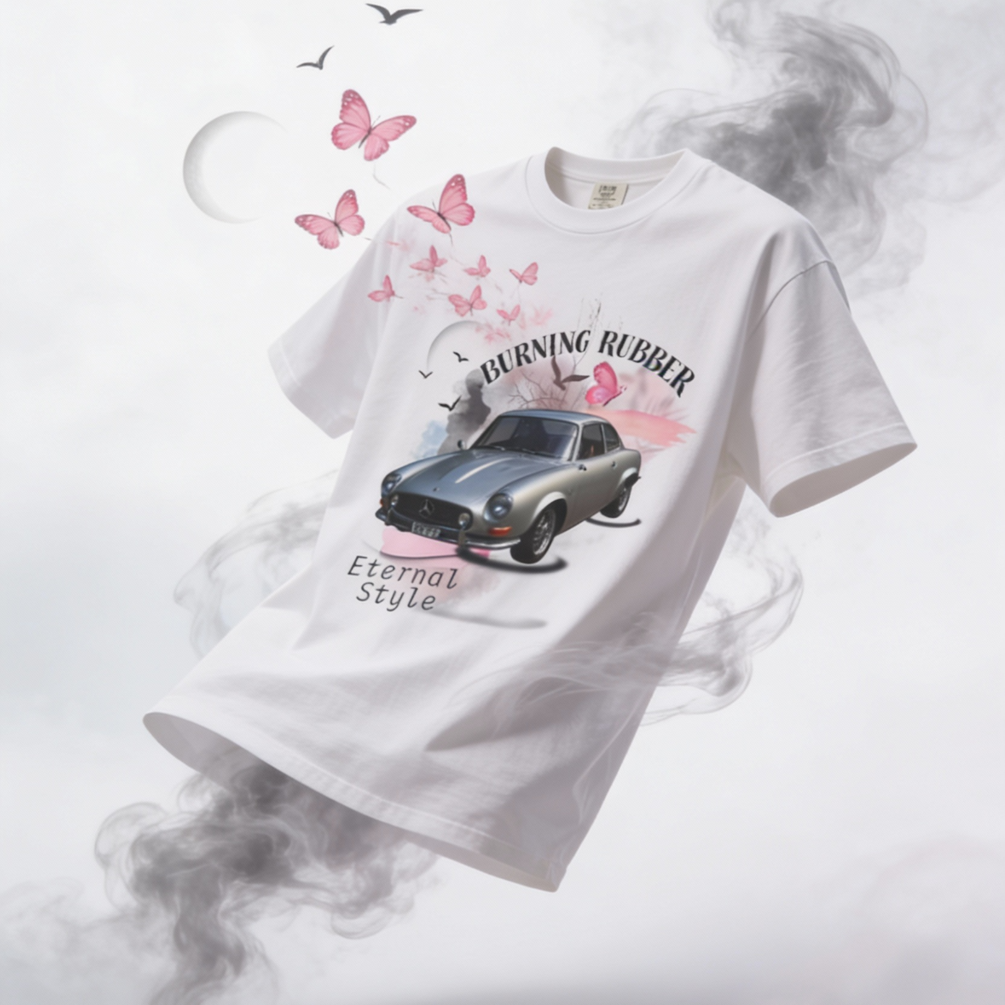 Real pink butterflies and smoke effects flying around the t-shirt. Surreal artistic photography, a white t-shirt floating in mid-air, pink butterflies and soft gray smoke emerging from the graphic print, an ethereal atmosphere.