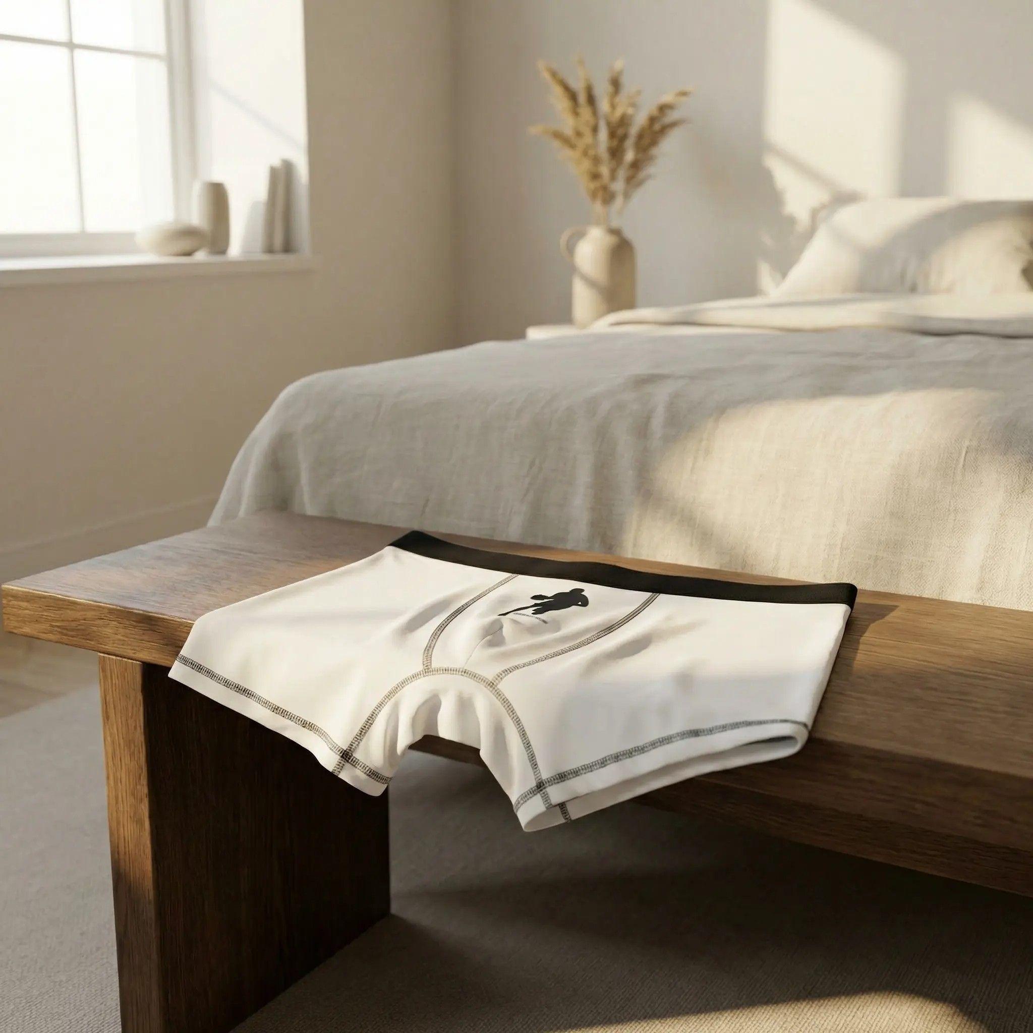 Cinematic lighting, a minimalist high-end bedroom, morning sunlight streaming through a window, the white boxer shorts with a black waistband neatly folded on a dark oak bench, soft shadows, 8k resolution, boutique atmosphere.