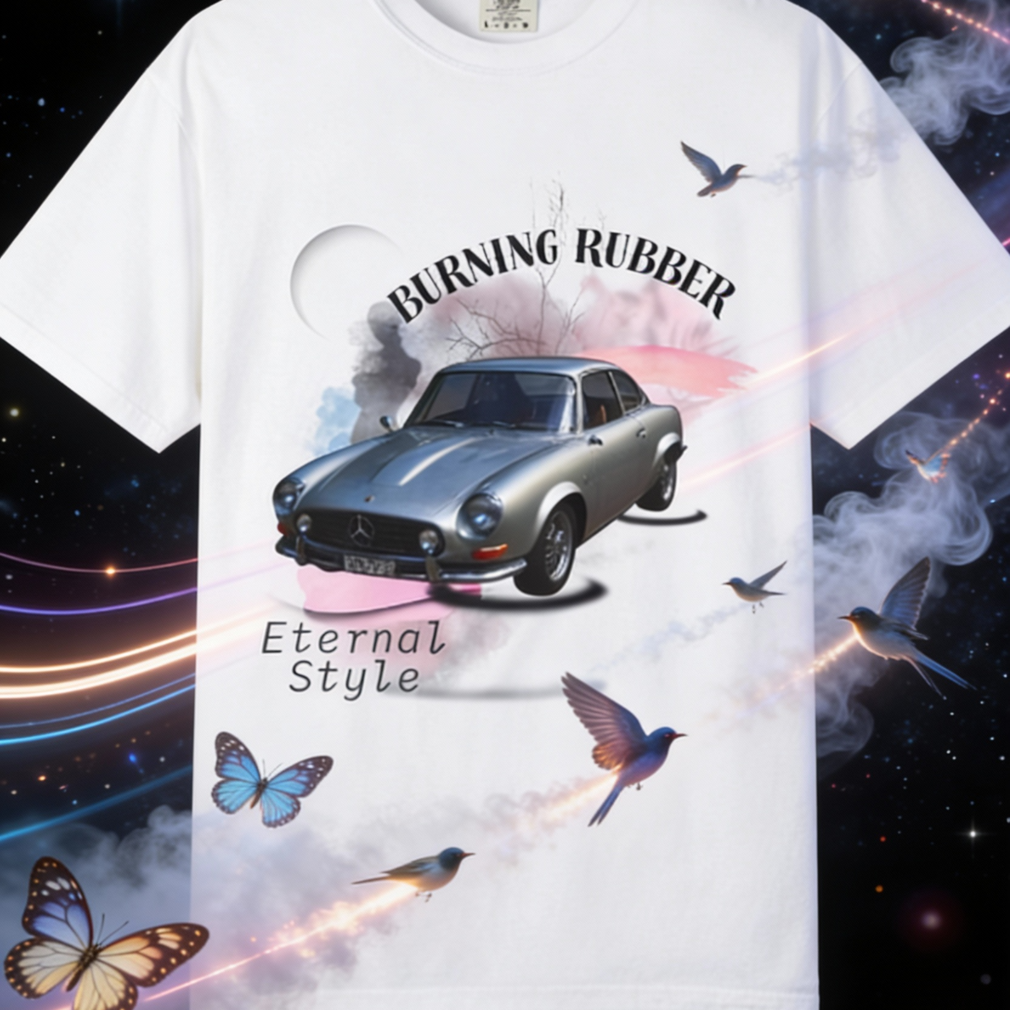 A surreal composition where the butterflies and birds in the print come to life.