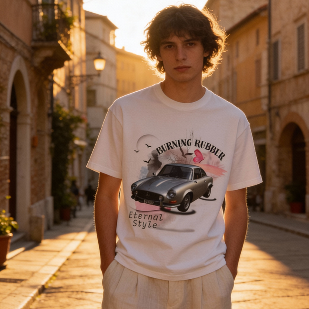 A modern combination in the sunset light on European streets.
A white t-shirt combined with cream-colored linen trousers on the streets of Milan.