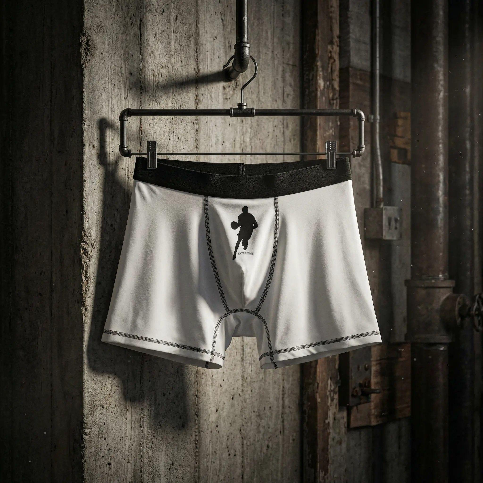 Modern-designed white boxer shorts displayed in industrial decor.
Industrial loft setting, raw concrete wall, a sleek black metal hanger holding the white boxer, dramatic shadows, urban masculine vibe, cinematic composition.