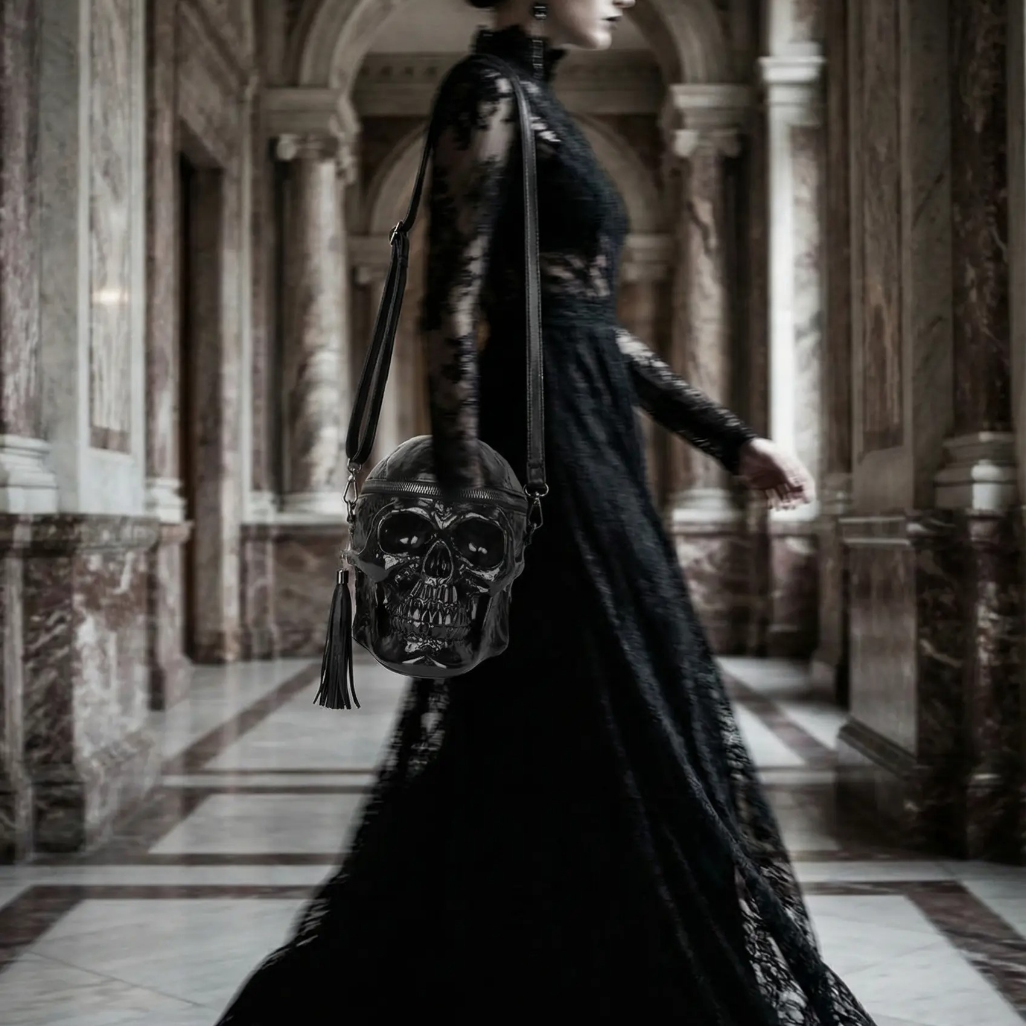 Skull bag hanging on the shoulder of a model in a black lace dress