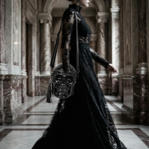 Skull bag hanging on the shoulder of a model in a black lace dress