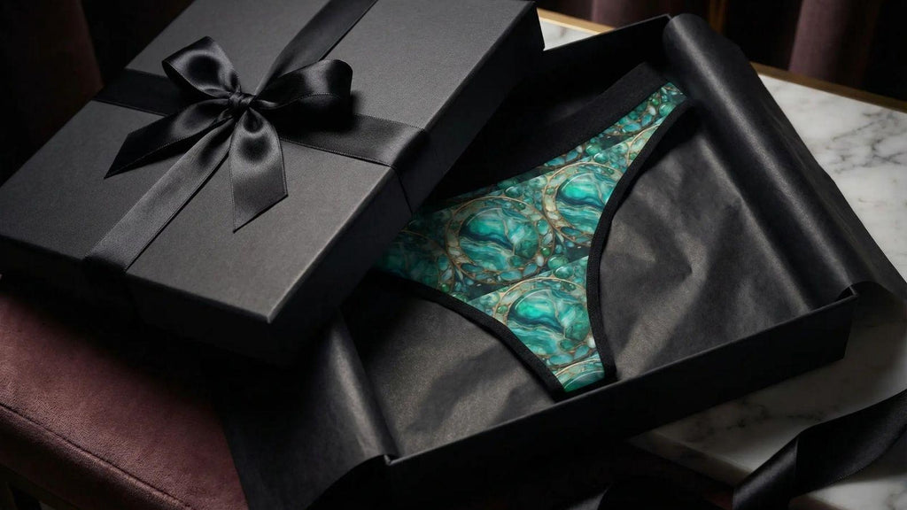 Luxury gift packaging, a black matte box half open, emerald patterned thong inside wrapped in black tissue paper, elegant ribbon, cinematic lighting.