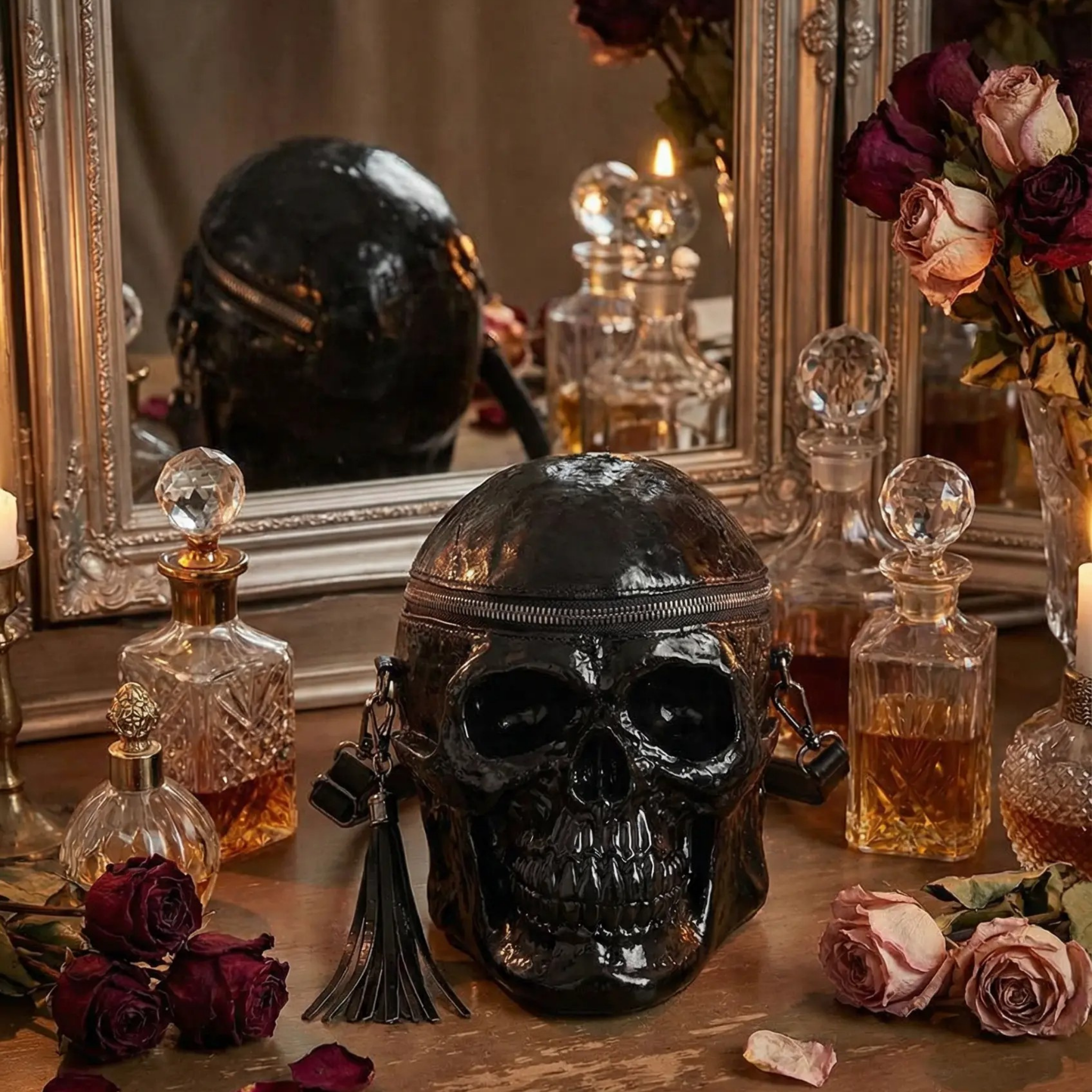 Skull bag reflected in a mirror on an old dressing table.