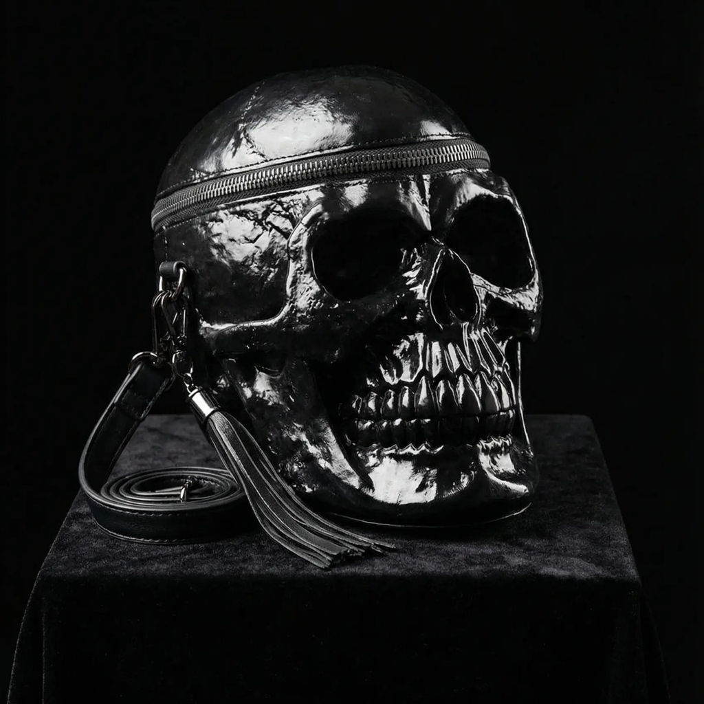 Skull bag illuminated with dramatic light against a completely black background.