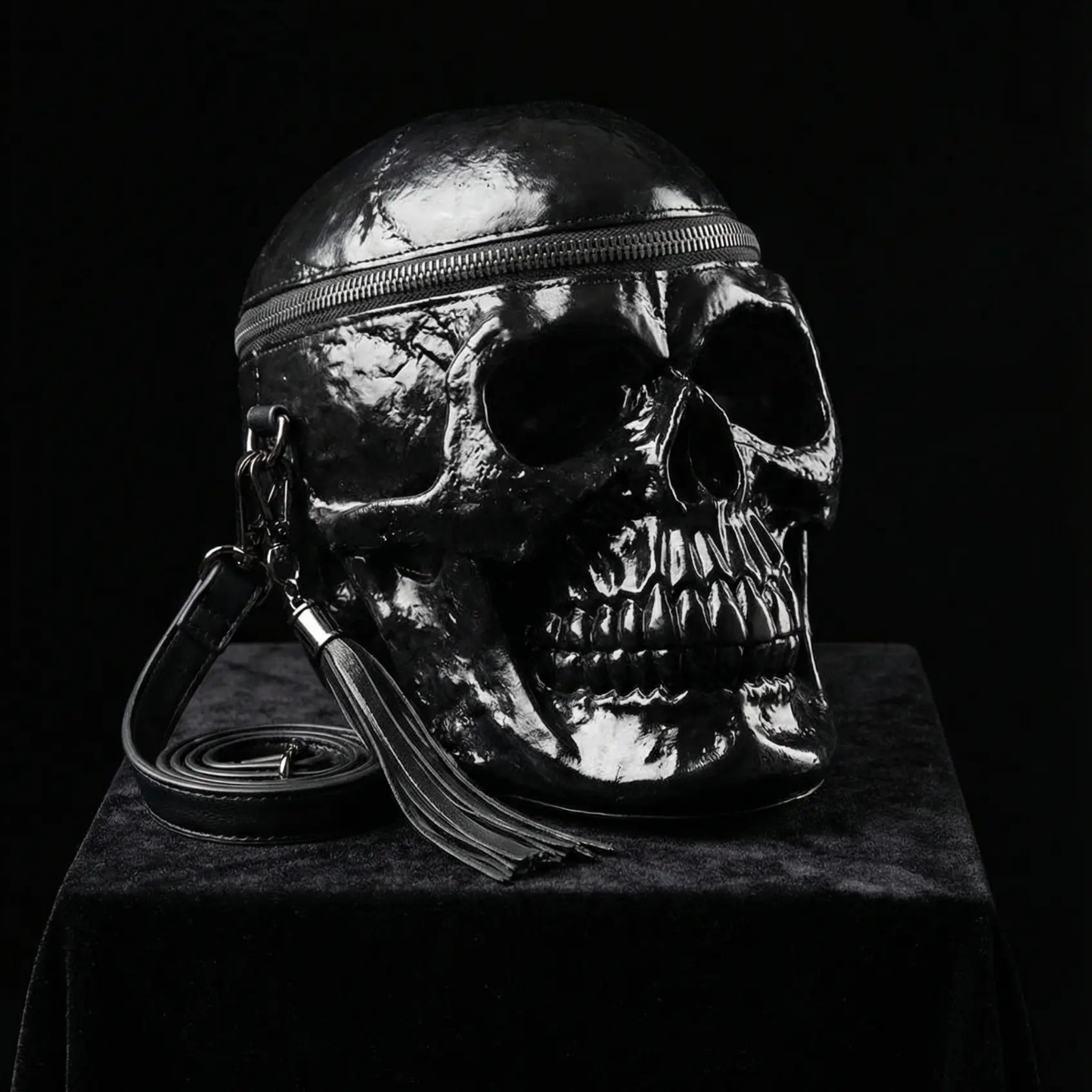 Skull bag illuminated with dramatic light against a completely black background.