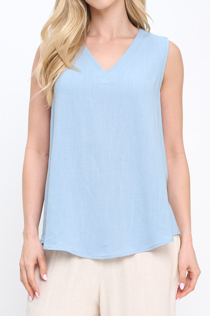 "Sky Whisper" V-Neck Sleeveless Top - Linen Solid Top