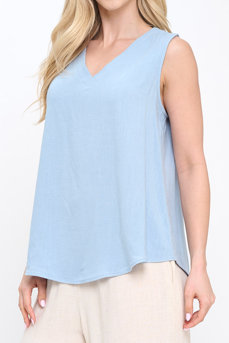 "Sky Whisper" V-Neck Sleeveless Top - Linen Solid Top