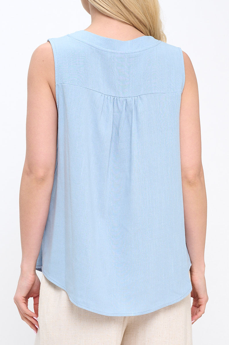 "Sky Whisper" V-Neck Sleeveless Top - Linen Solid Top