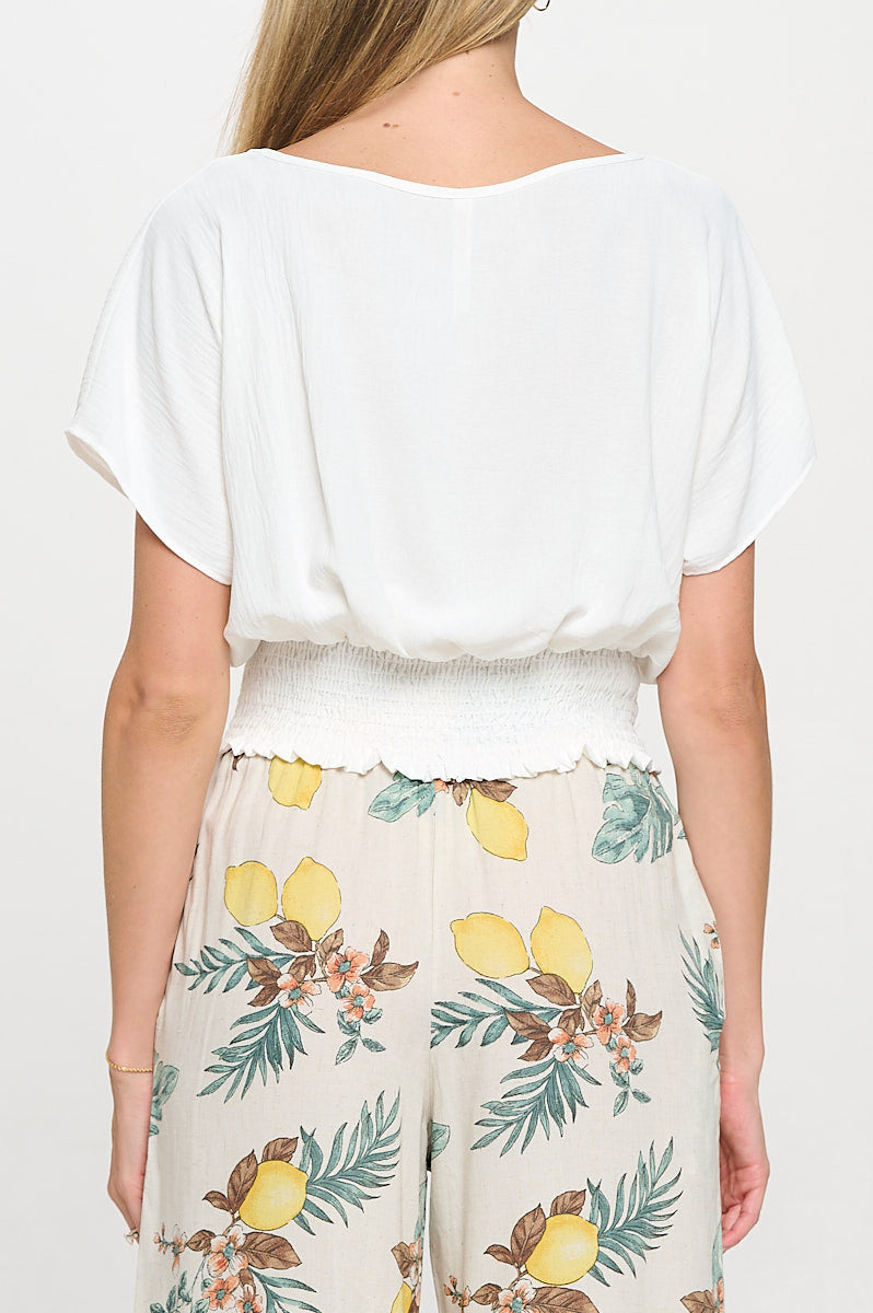 Solid Flowy Short Sleeve Top with Smock Bottom