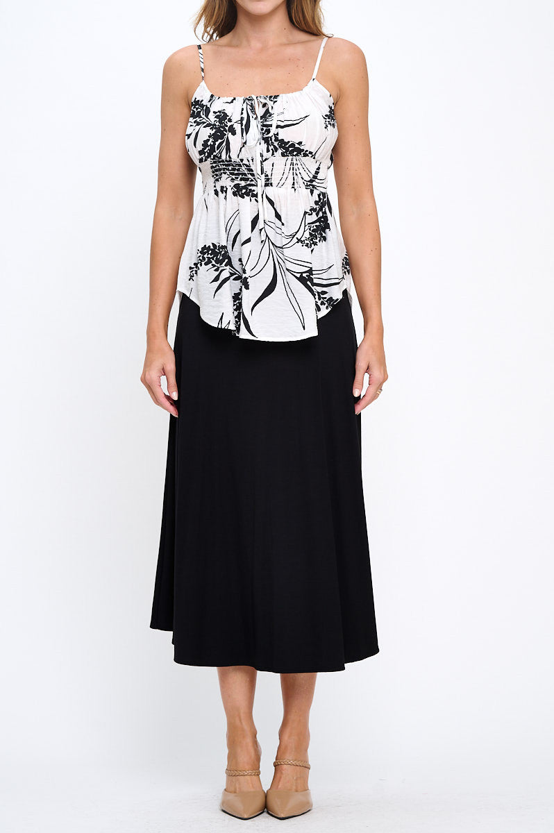 Fluid Black Skirt: Dance to the City's Rhythm -  Top with Smock Detail